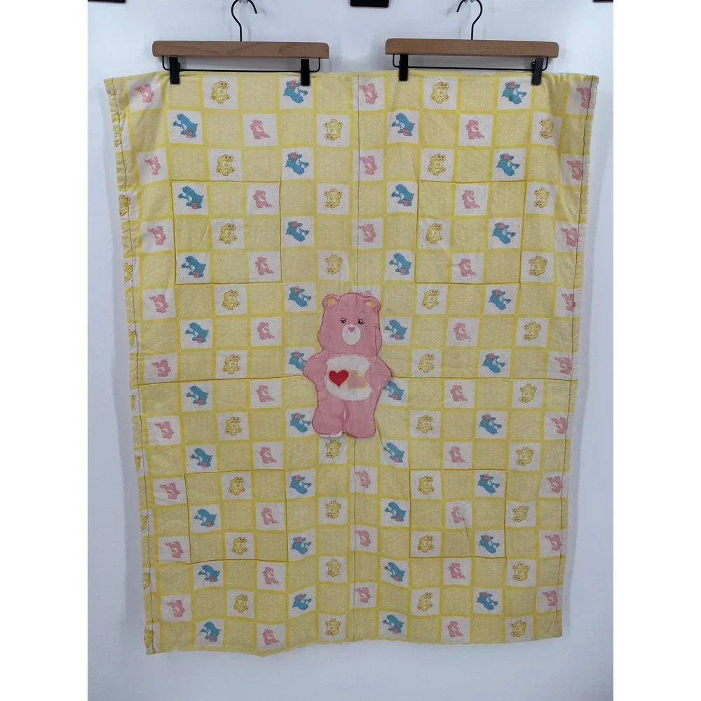 Vintage 1980s Care Bears Handmade Baby Quilt Blanket Love a Lot 50x39